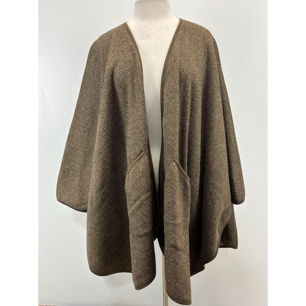 The Vermont Country Store Fleece Cape Poncho Women's S M Brown Herringbone Open